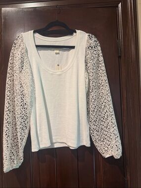 Anthropologie White Crochet-Sleeve Scoop Neck Top